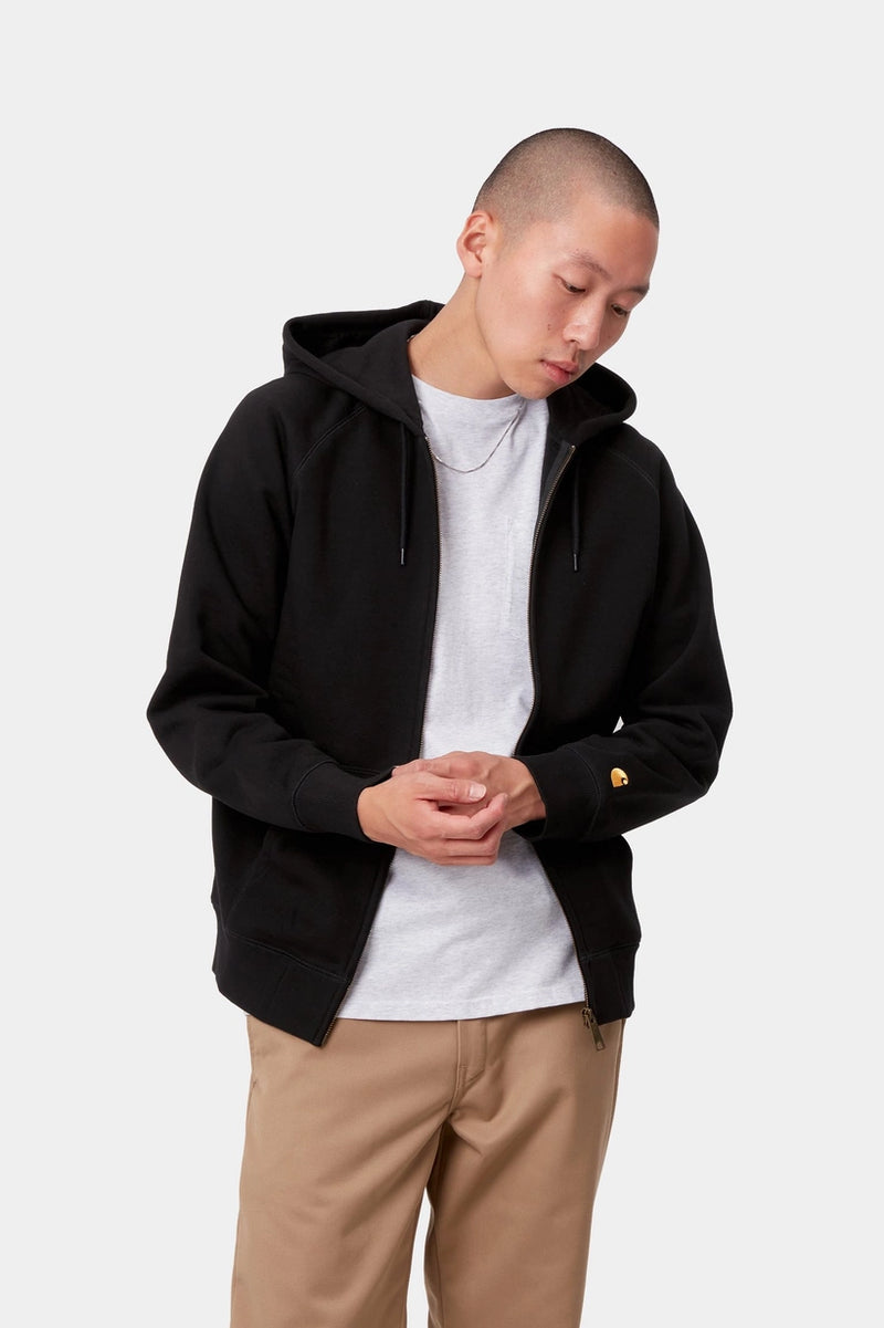 Carhartt WIP Jacket Hooded Chase Black/Gold front view un zipped on model