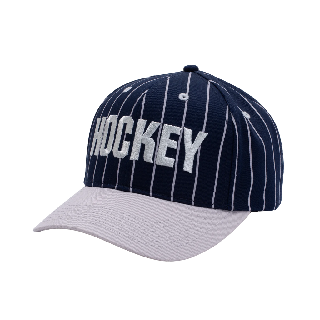 Hockey Snapback Hat Pinstriped Navy front angled view