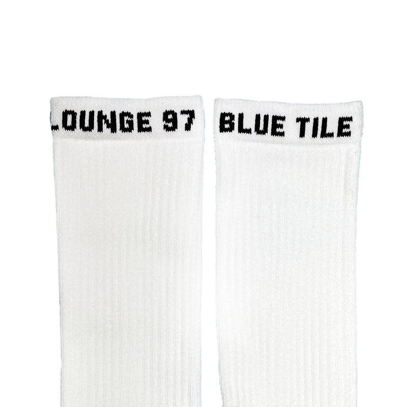 Blue Tile Lounge Sock White top of sock embroidery