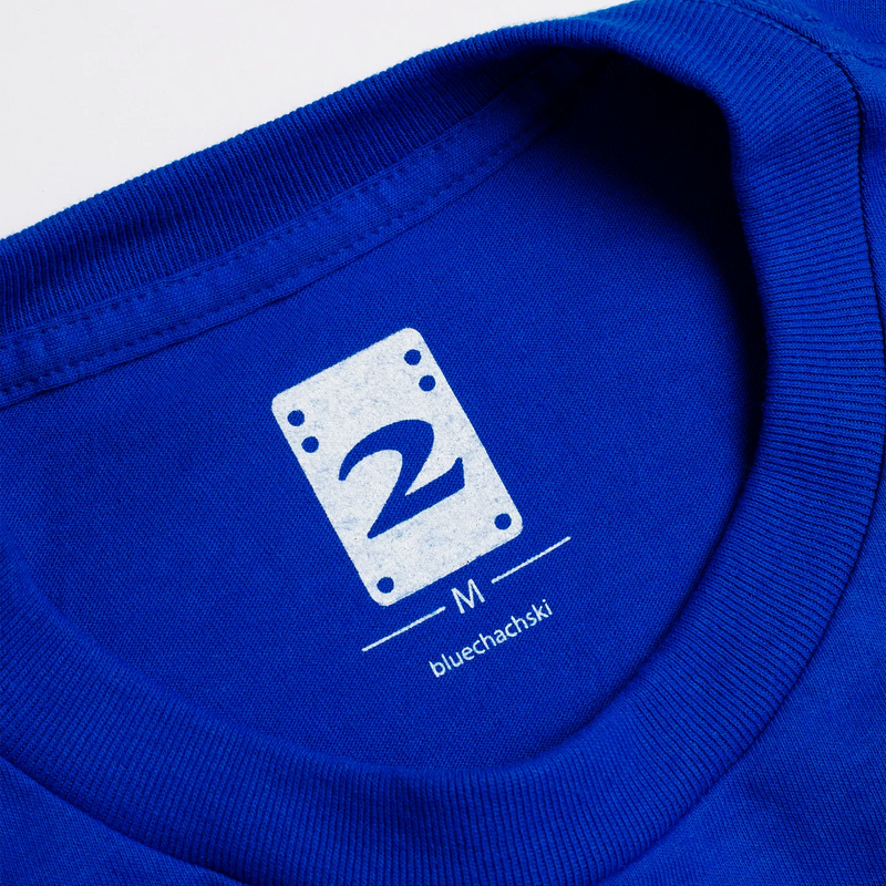 2 Riser Pads T-Shirt Band Royal Blue neck tag close up