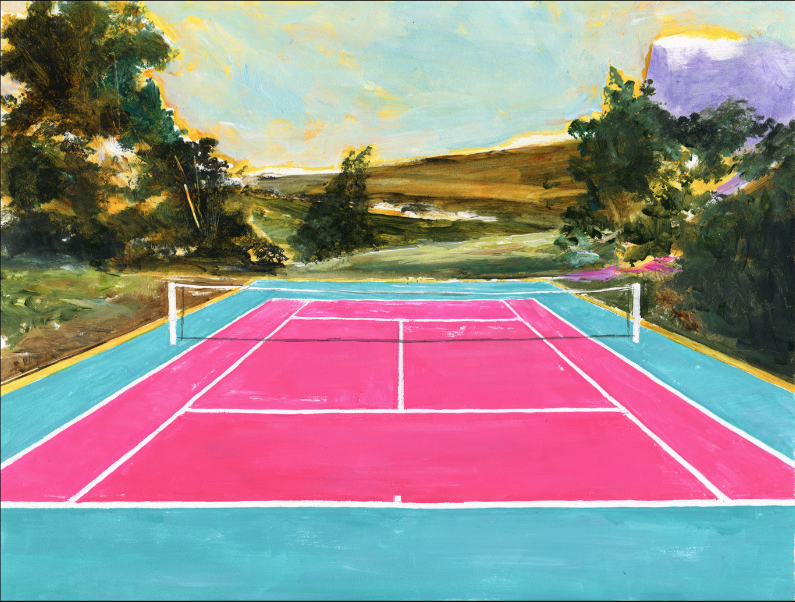 Blue Tile Lounge T-Shirt Manny Trinh "Summer Tennis" Black painting view