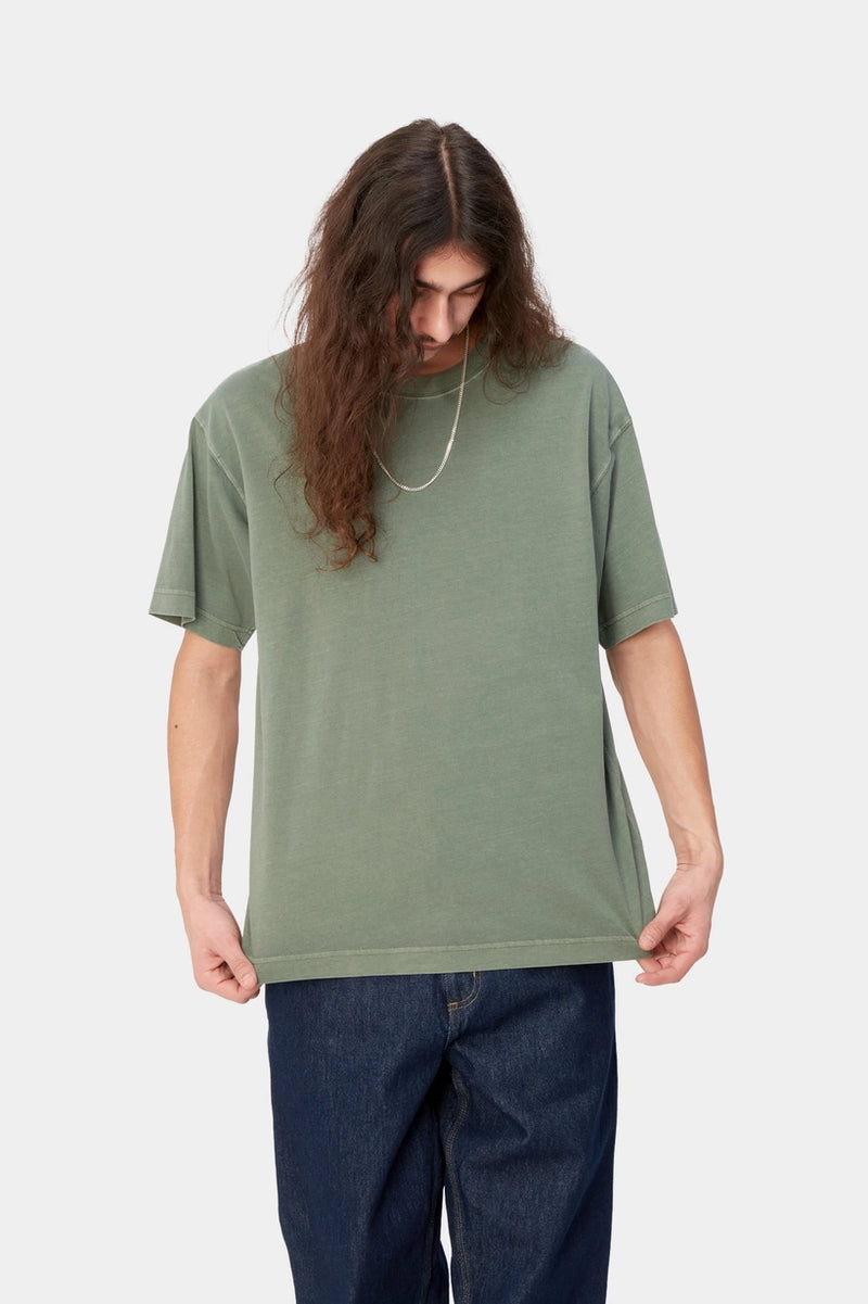 Carhartt WIP T-Shirt Dune Park Garment Dyed on model front of tee