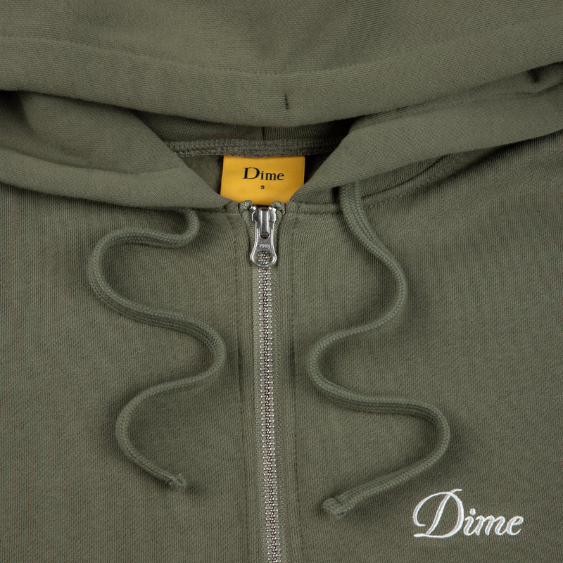 Dime Zip Up Hoodie Cursive Small Logo Army Green neck tag