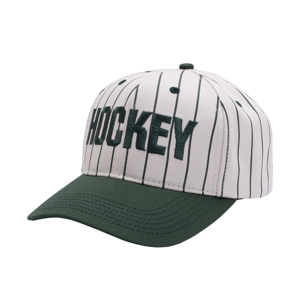Hockey Snapback Hat Pinstriped Cream front view on angle