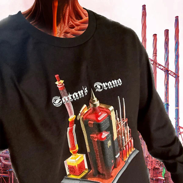 Satan's Drano Long Sleeve T-Shirt Drano Factory Black on model from hell