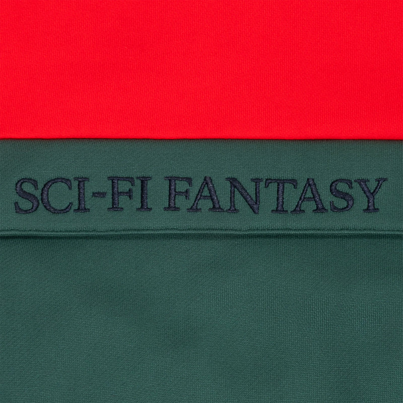 Sci-Fi Fantasy Hoodie Colorblocked Red/Green embroidery detail