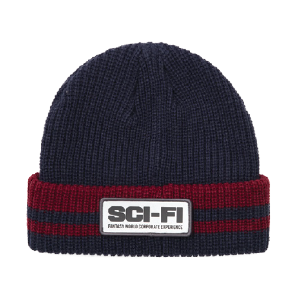 Sci-Fi Fantasy Beanie Reflective Patch Striped Navy/Red
