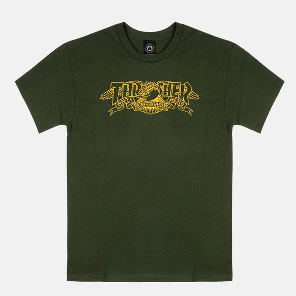 Anti Hero X Thrasher T-Shirt Mag Banner Forest Green front view