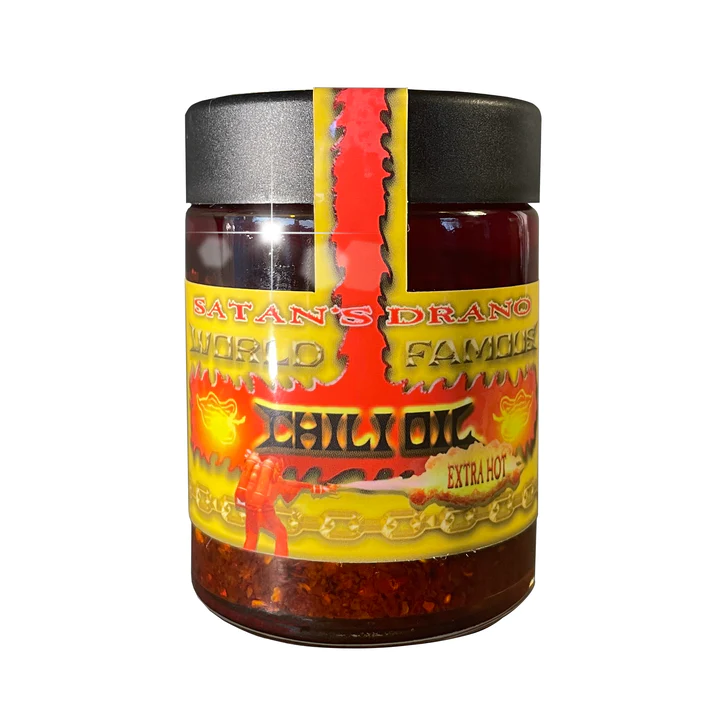 Satan's Drano Extra Hot Chili Oil shot of jar